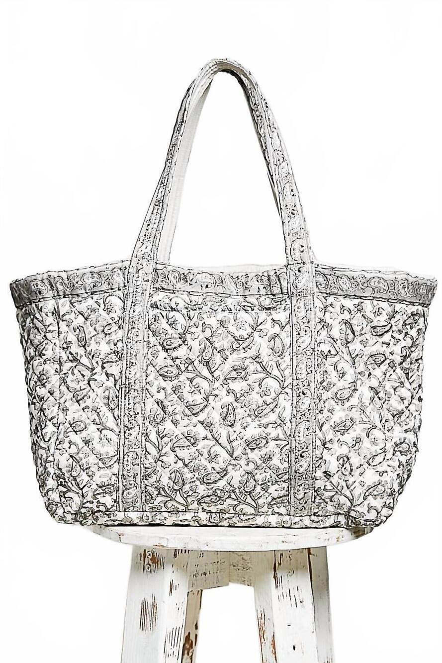 NEW POL women's hand block-printed quilted floral tote bag in ivory grey multi